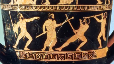 Cratere a calice a figure rosse attico che raffigura (sopra) le Imprese di Teseo e (sotto) i satiri Sikinnis, Komos e Simos che accendono torce dai carboni che Prometeo porta in un gambo di finocchio, c.420 a.C. da Greek